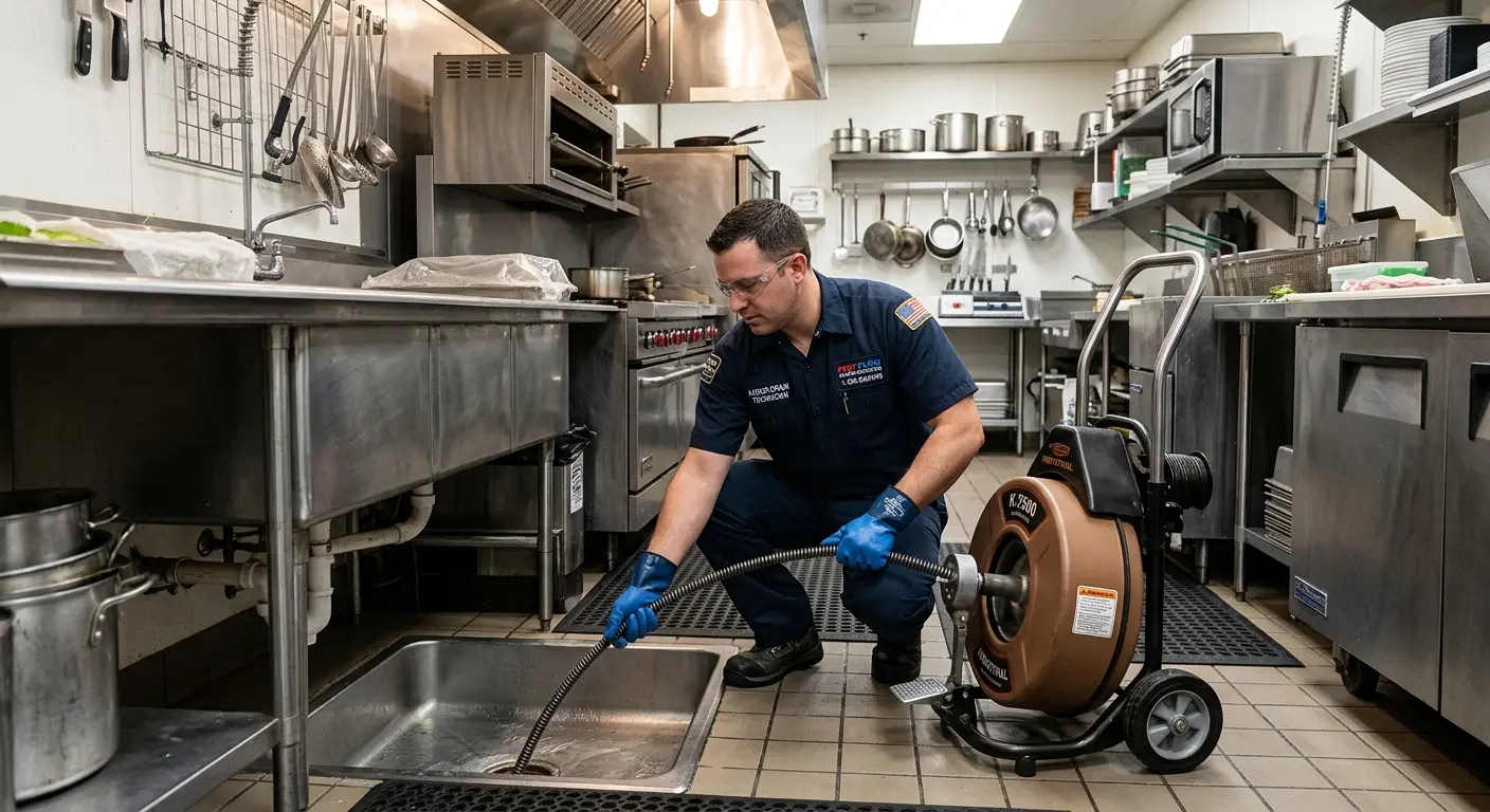 Commercial drain cleaning service in a restaurant kitchen in Carson City