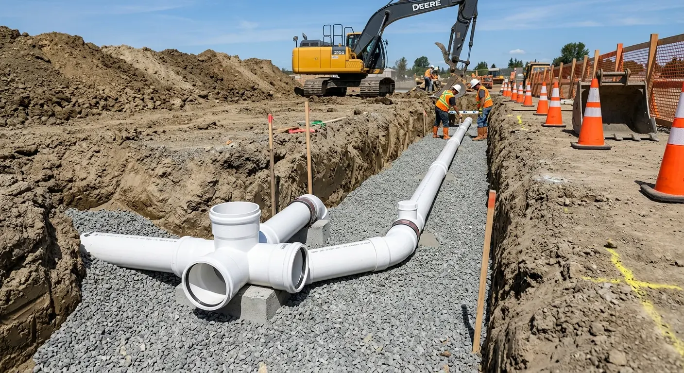 New PVC sewer pipe installation in open trench for Commercial Drain Cleaning in Carson City