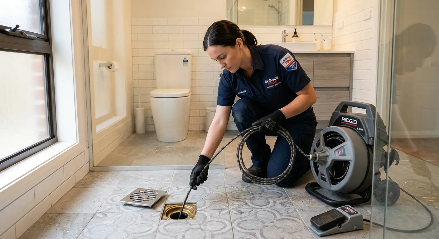 Technician clearing a bathroom floor drain for Drain Cleaning in Carson City